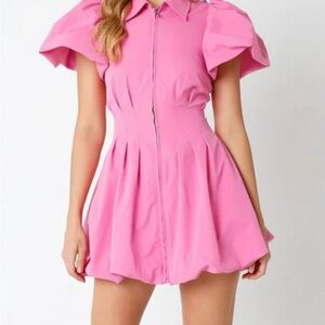 Elegant Pink Puff Sleeve Mini Dress
